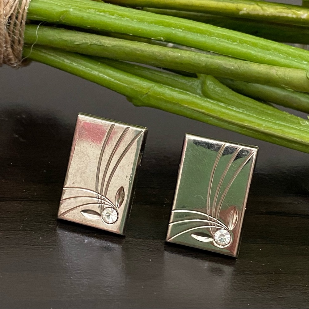 Vintage Foster Pat Pend Square CZ Stone Etched Silver-tone Cufflinks - Picture 1 of 9